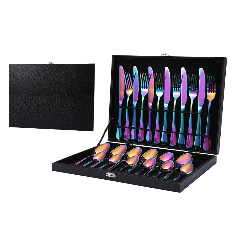 

24pcs dinner knife fork spoon set gift with wood box stainless steel cutlery set with gift box promotion flatware set, Sliver/gold/rose gold/rainbow/black