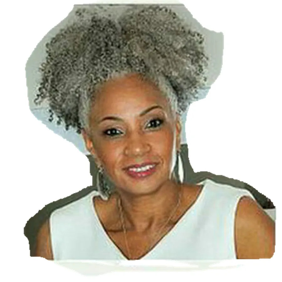 

two tone mixed Silver grey human hair Ponytail hairpiece Clip in afro kinky curly gray hair Ponytails Extensions drawstring