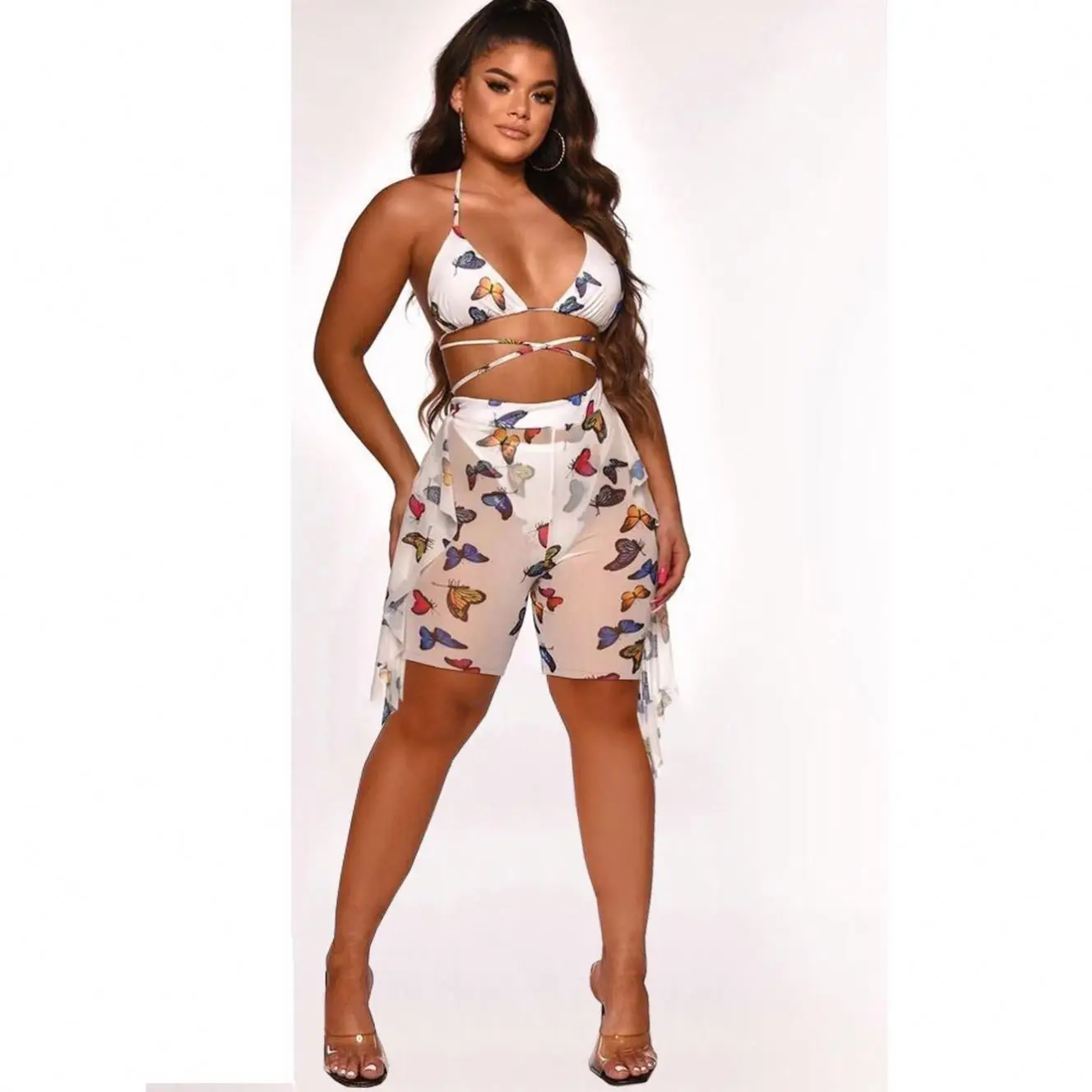 

Summer Swimsuit Halter Mesh 2021 Beach Two Piece Set Women Floral Swimwear Bathing Sexy Suits Bikini