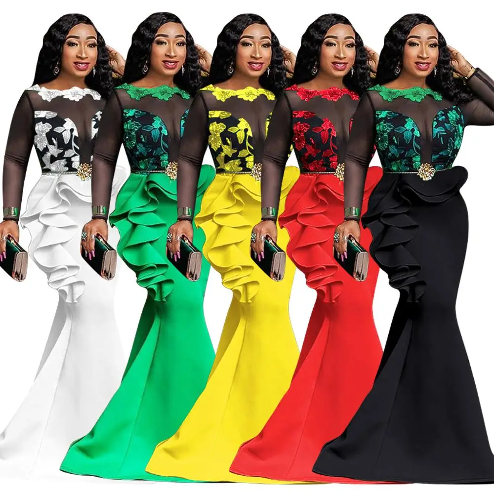 

Ladies Lace gauze see-through flounces dress long Evening dresses women sexy party FM-3874, As pictures