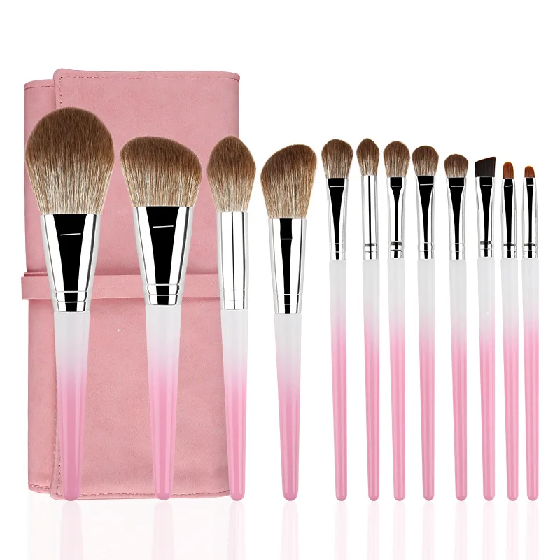 

12pcs pink white eyebrow brush brocha profesional maquillaje with pink makeup brush bag 2021 make up tools