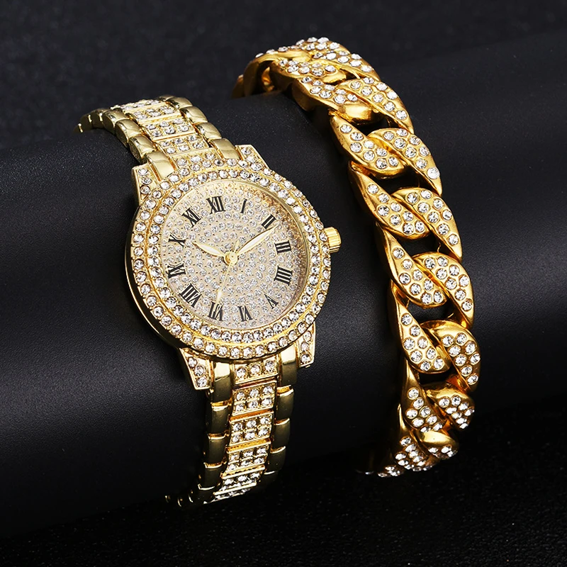 

Luxury Full Crystal Diamond Watches Bracelet Set Men Women Relojes Para Mujer Fashion Gold Steel Belt Wrist Watch