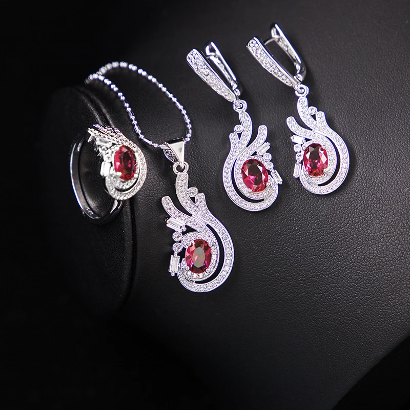 

Indian Jewellery Fashion Zircon Diamond Red Jewelry Silver Plate Bling Ring Earrings Set For Ladies, Picture shows