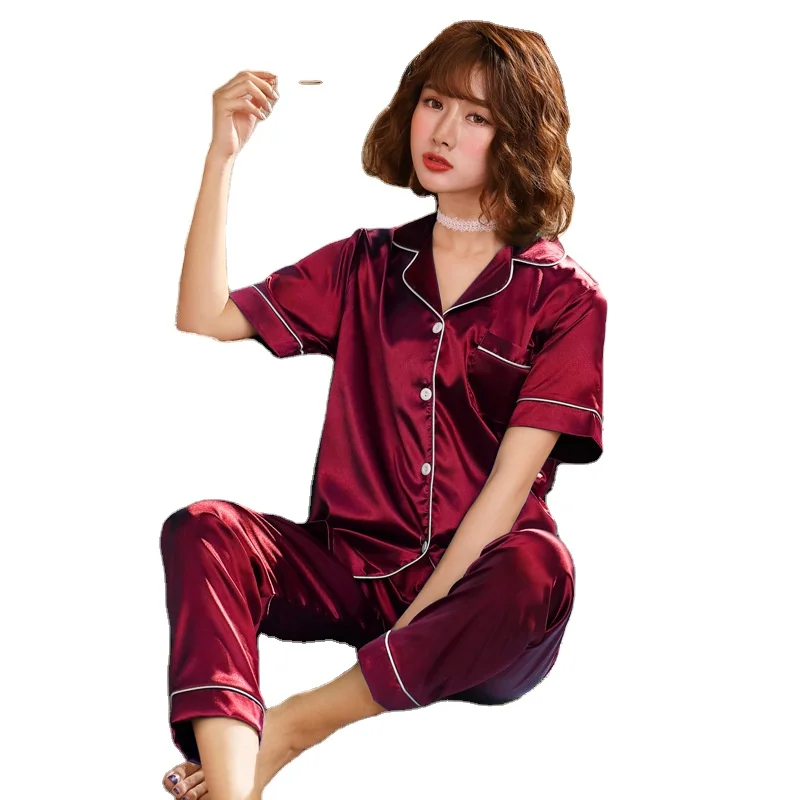 

Quick Dry Plus Size M-5XL 2pcs short sleeve shirt & pants set ladies satin silk designer inspired pyjamas sets nightwear