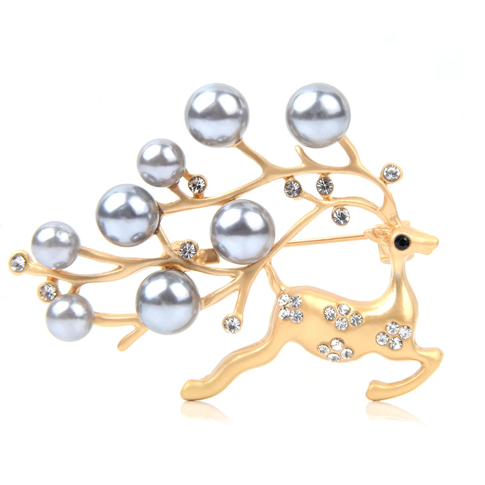 

Hot Selling Fashionable Metal Animal Christmas Elk Crystal Pearl Brooch, Gold color silver color