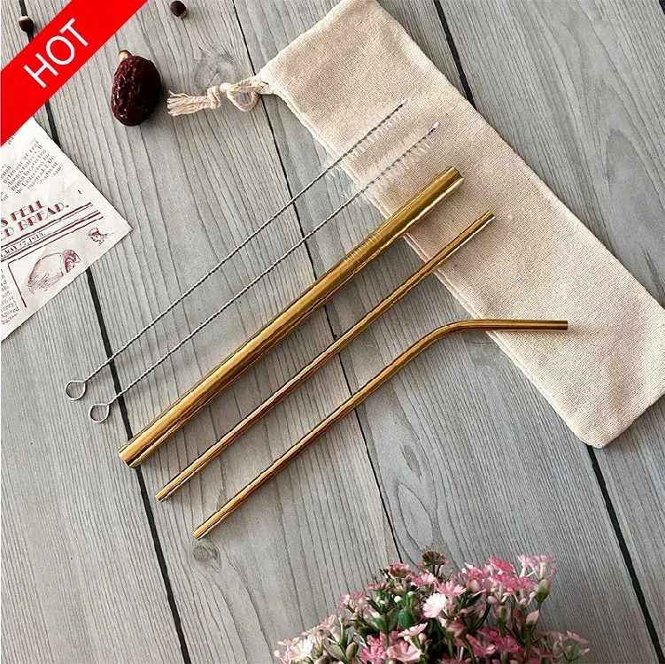 

Daily reusable stainless steel 304 (18/10) bend straight bar straws set metal with cleaner brush in pouch, Rose / rose gold / black / rainbow / silver / blue / purple