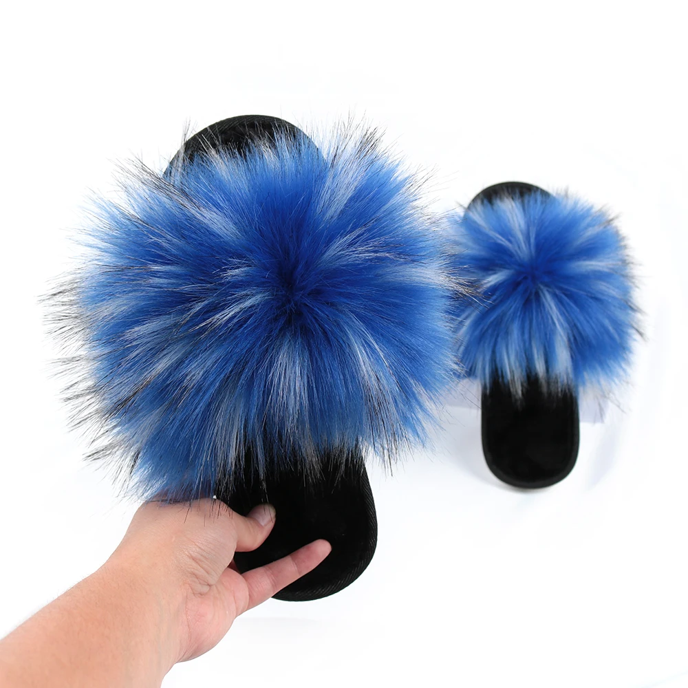 

Luxury New Style Raccoon Soft Fluffy Women Slippers Fox Fur Slides Wholesale