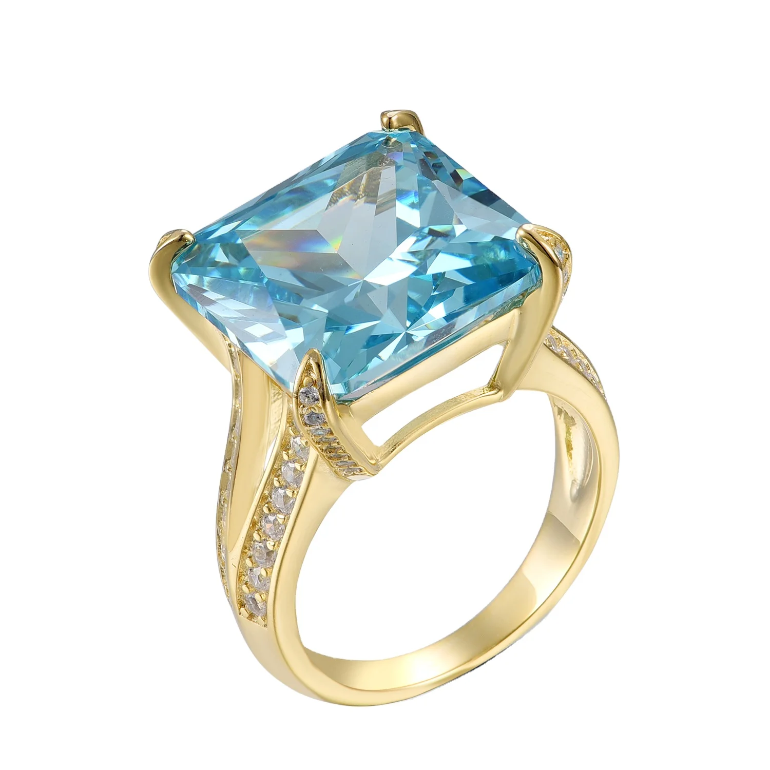 

High Quality Split Shank Big Stone Princess Cut Swiss Blue Topaz Jewelry Ring 18K Yellow Gold Plated Aquamarine Blue Rings