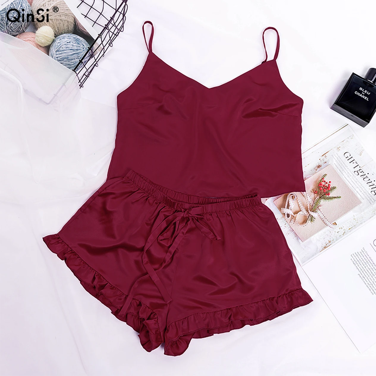 

QINSI 2022 Women Sleepwear Silk Red Pijama Satin Shorts PJ Set Home Clothes Sexy V Neck Spaghetti Strap Sleeveless Top Set