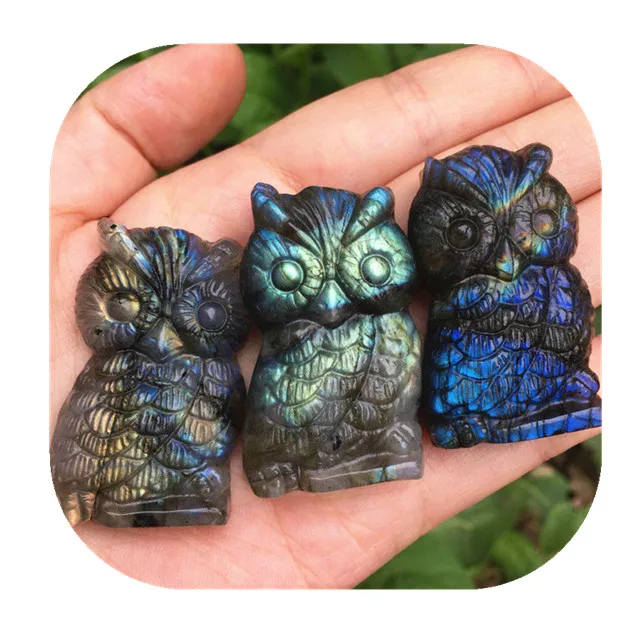 

Blue Flash Labradorite Carving Owl Figurine Quartz Crystal New Arrivals Carved Animal Gemstone Natural Feng Shui Home Decoration