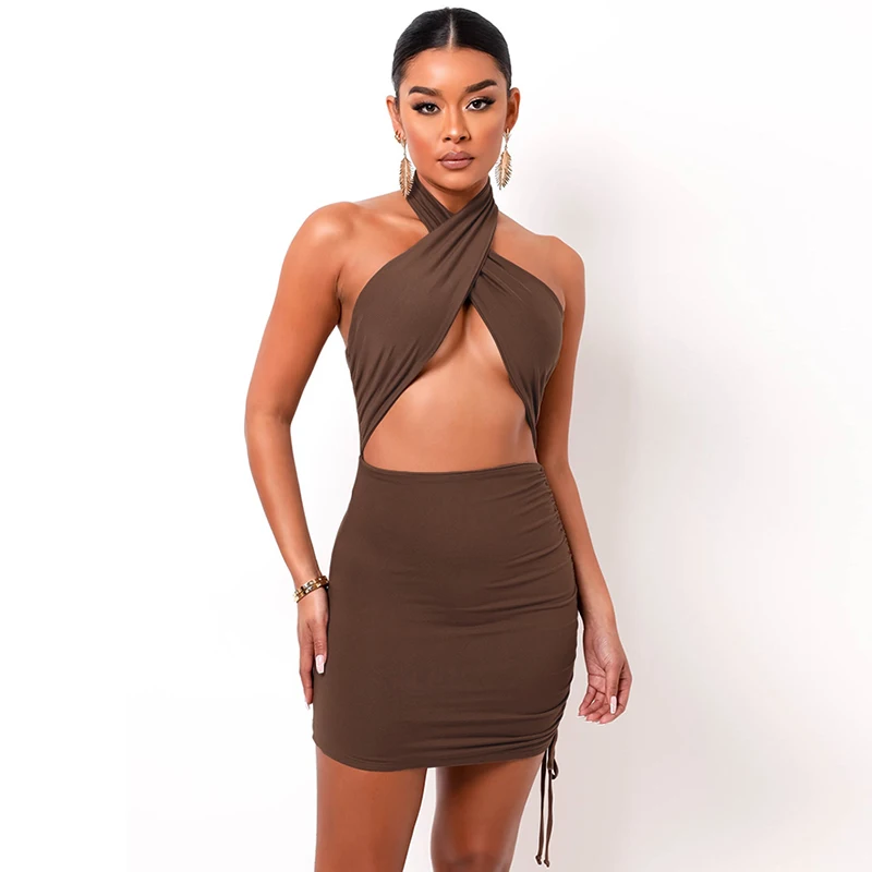 

SD0079 AINI 2021 New Fashion Halter Neck Party Slim Club One Piece Hollow Out Sexy Cocktail Dresses, Black / coffee