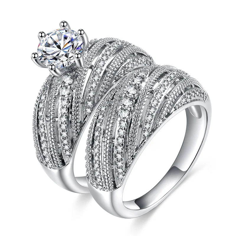 

2Pcs/Lot Luxury 18k Silver Plated Diamond Wedding Rings Set Jewelry for Engagement Anniversary Ladies Gift, See picture