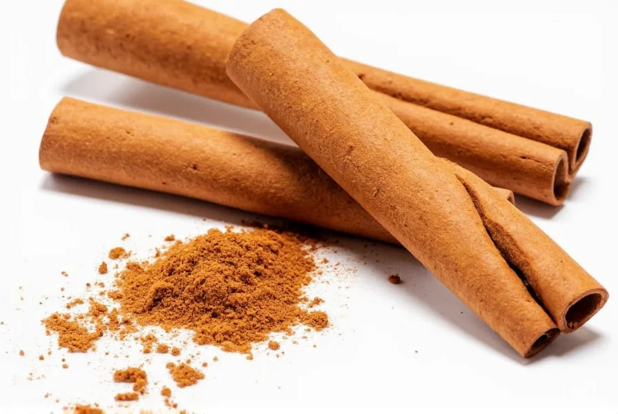 Different types of cinnamon sticks and powder showing visual comparison between Ceylon and Cassia varieties