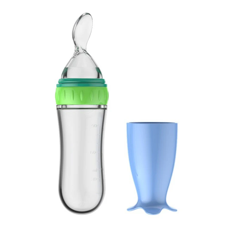 

90ml Capacity Silicone Squeeze Baby Food Dispensing Baby Spoon Bottle Feeder with stand