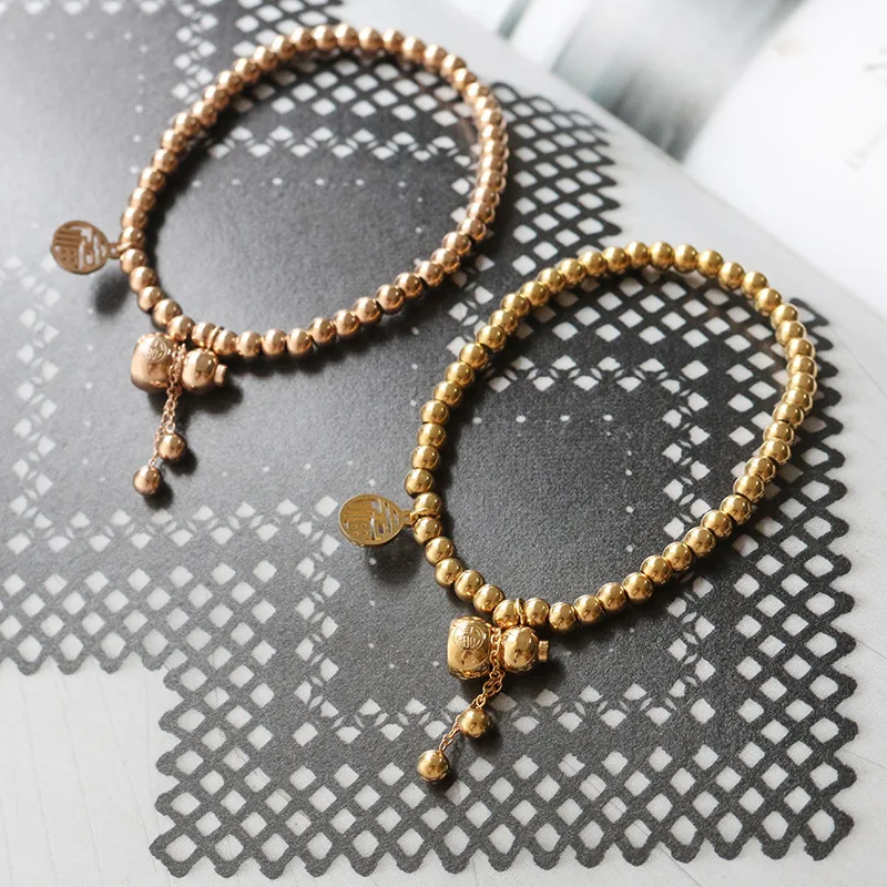 

Oriental Style Stainless Steel Chinese Character Fu Bracelet Rose Gold Plated Stainless Steel Gourd Bead Bracelet