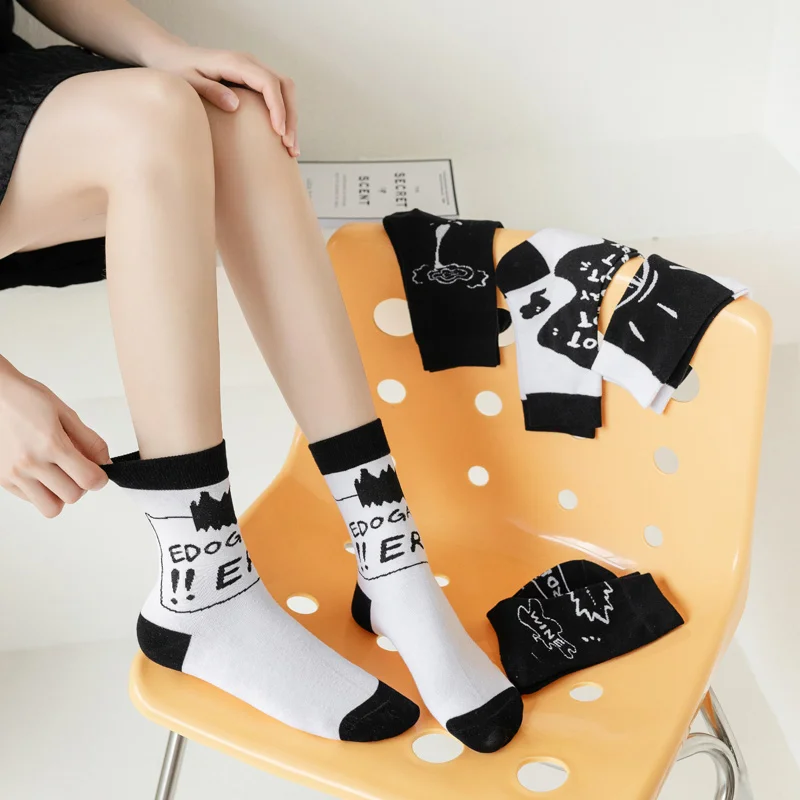 

Funny white black sock breathable Cotton Japanese Korean socks women custom logo OEM design manufacturers girls crew socks