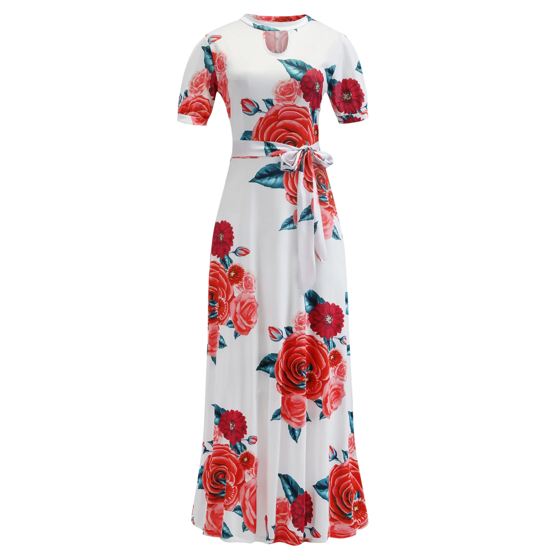 

Bohemian Flower Maxi Dress Short Sleeve Bow Print Floral Dress Women O-neck Lace Up Plus Size Casual Dresses