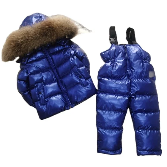 

Retail fashion kids clothing boys winter big fur collar jackets trousers 2 pcs girls winter keep warm cotton coat pants sets, Picture shows