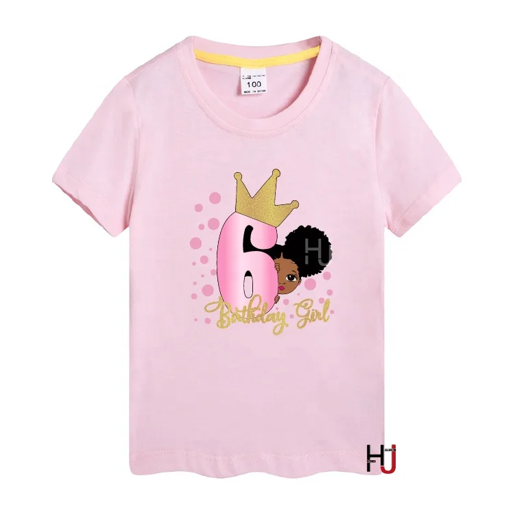 

Happy Birthday Girl Cartoon Print T-shirt Melanin Kids Summer Short Sleeve Tops Tee children clothes 6 years old, As picture show