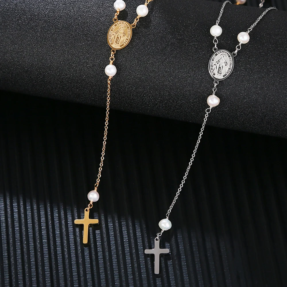 

Vintage religious Christian Jesus jewelry virgin mary long rosary natural freshwater peal stainless steel cross pendant necklace