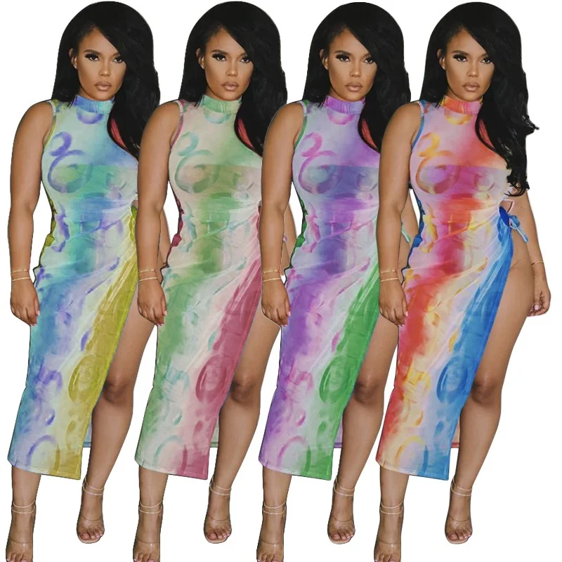 

MT11-9867 2021 tie-dye split design sexy printed mesh see-through nightclub skirt tie dress women's fashion