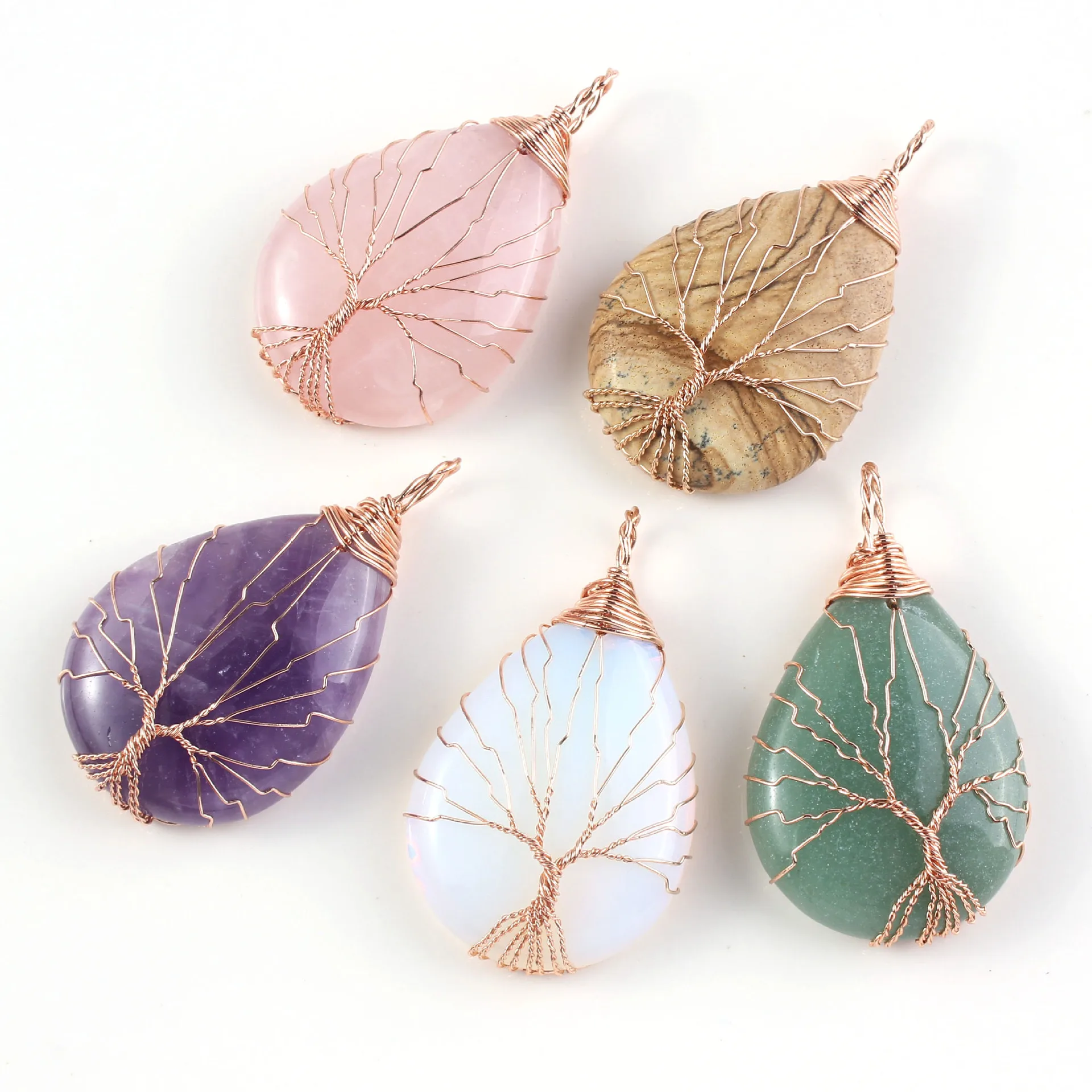 

2021 New arrival fashion natural stone jewelry copper wire wrapped tree of life crystal stone pendant for women