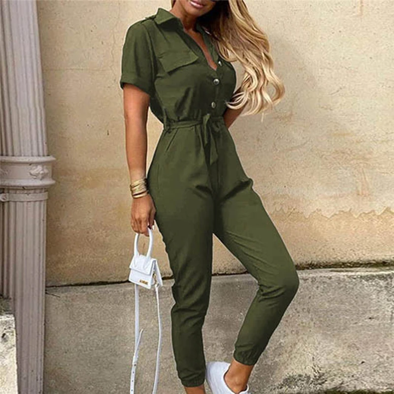 

Streetwear Green Sexy Bodycon Jumpsuit Women Overalls Rompers 2021 Short Sleeve Skinny Summer Womens Jumpsuit