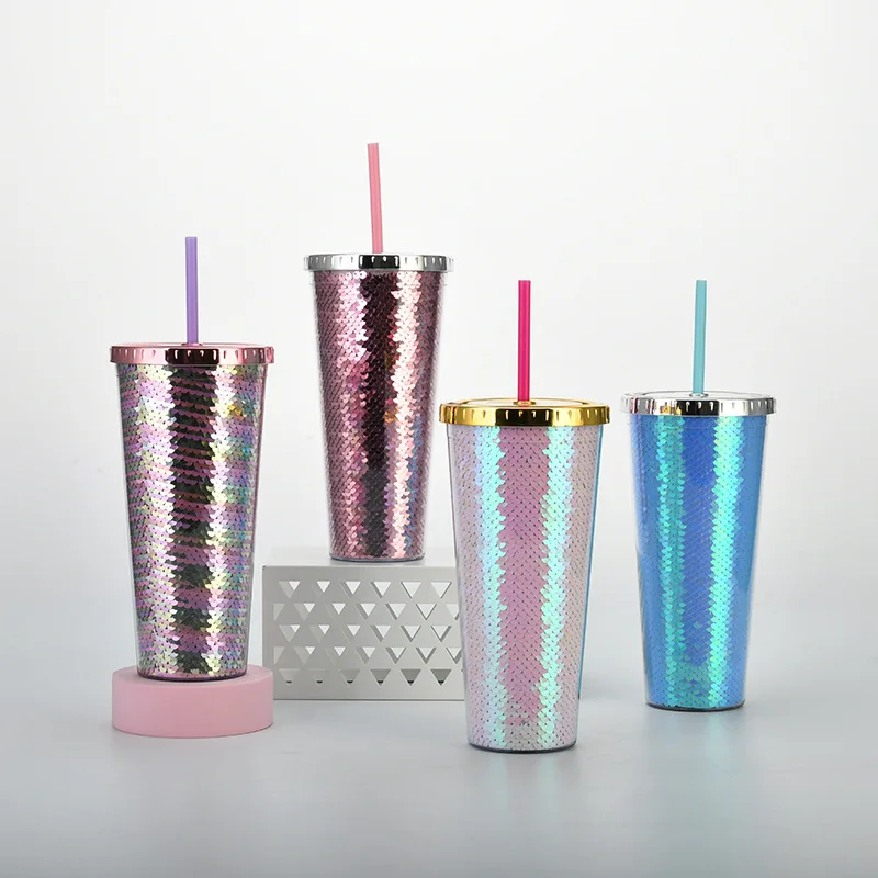 

Wholesale Double Layer Plastic Cup Logo Straight Glitter Cold Drink Cup Tumbler With Straw, Customized color