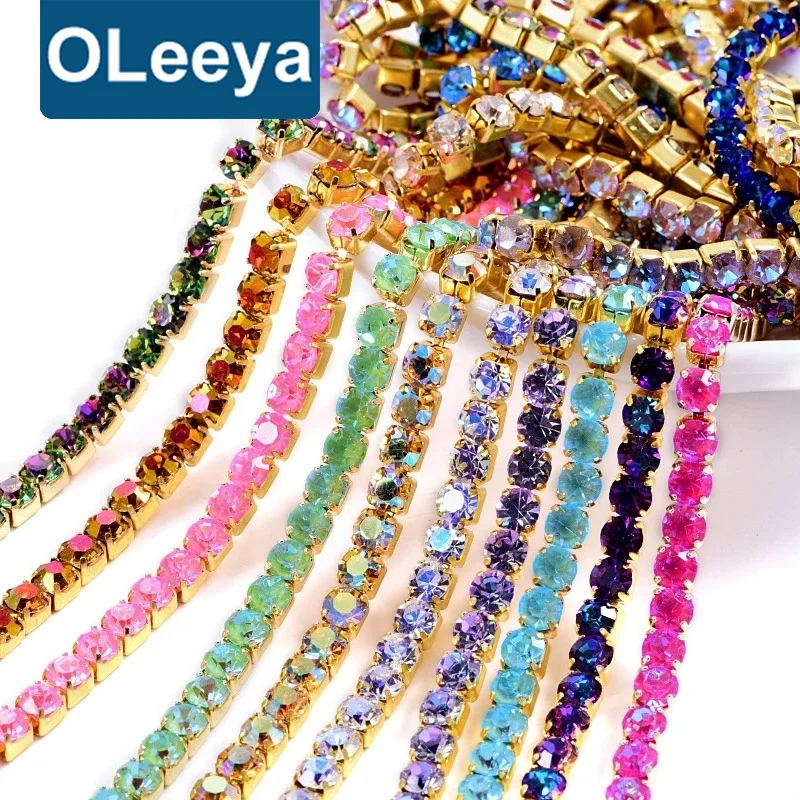 

Newest 1 Yard 5A Grade Mocha Neon Crystal Rhinestones Chain Colorful Glass Strass Golden Base Rhinestones Cup Trimming