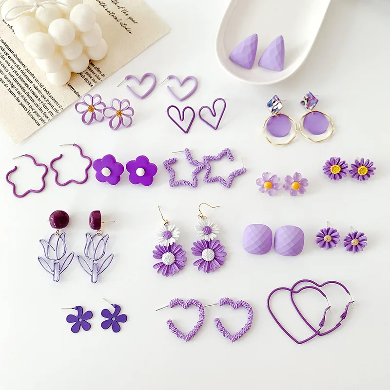 

JUHU 2021 summer purple alloy ear buckle hollowed-out flower earring pure fresh lacquer tulip alloy star heart jewelry for women