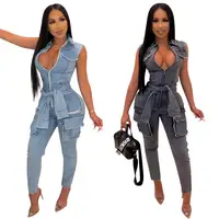 

2020 Side pocket zippers sexy denim pants washed jumpsuits women jeans