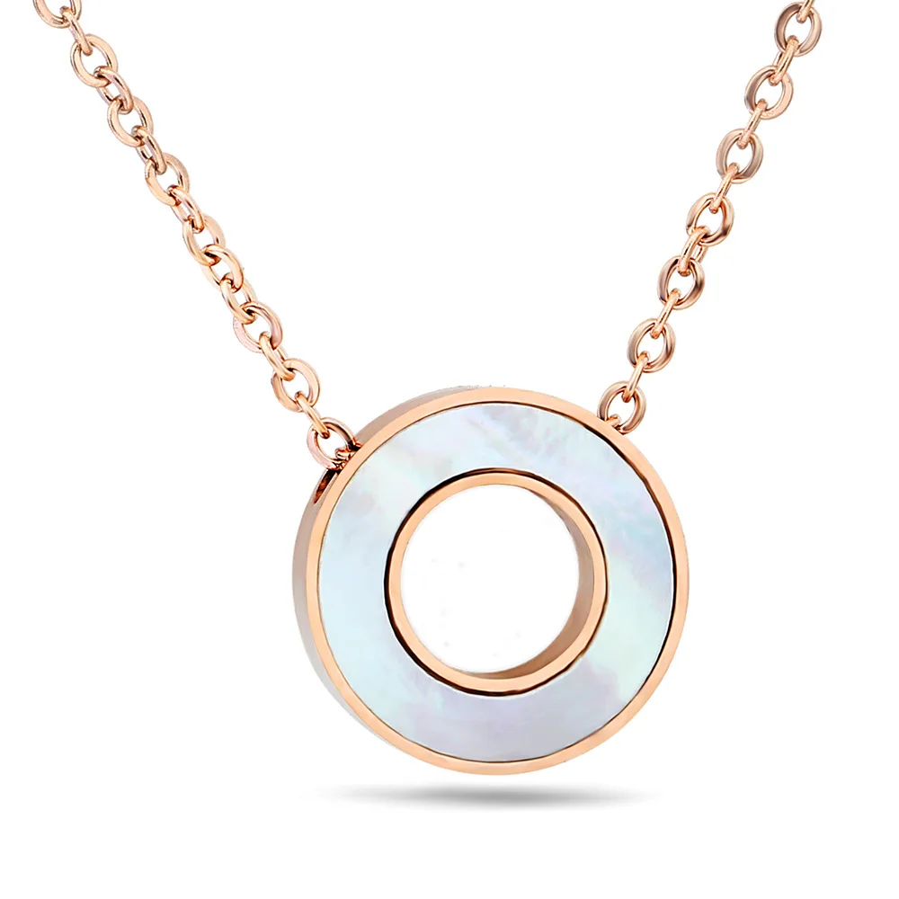 

Rose Gold Plated Stainless Steel Round Pendant Necklace Mother of Pearl Double Circle Necklace