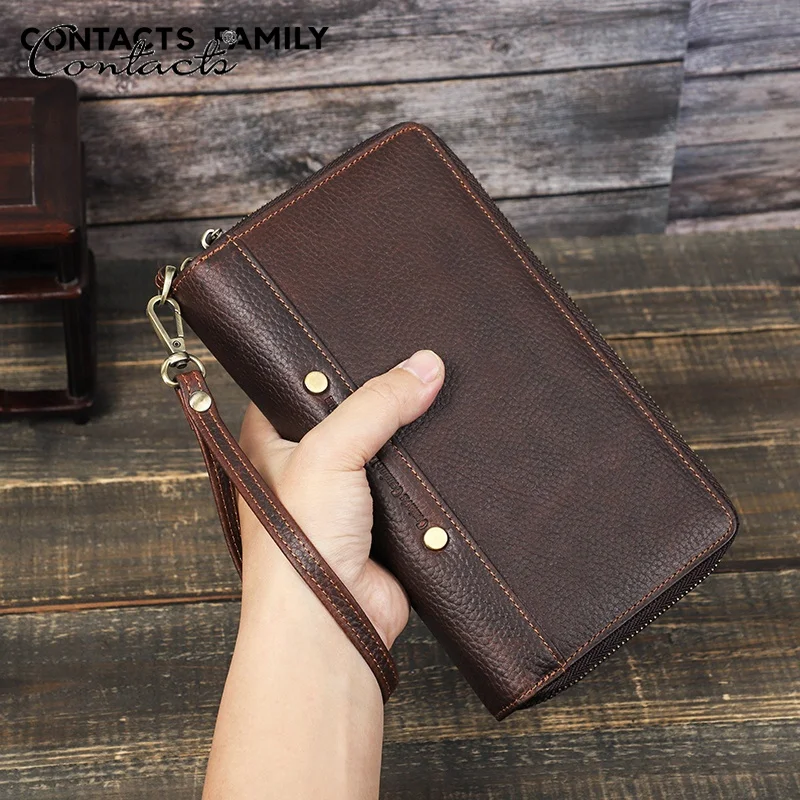 

CONTACT'S genuine leather men RFID Passport Holder Clutch Bag phone purses men's handbag Long Zipper wristlet Wallet for men