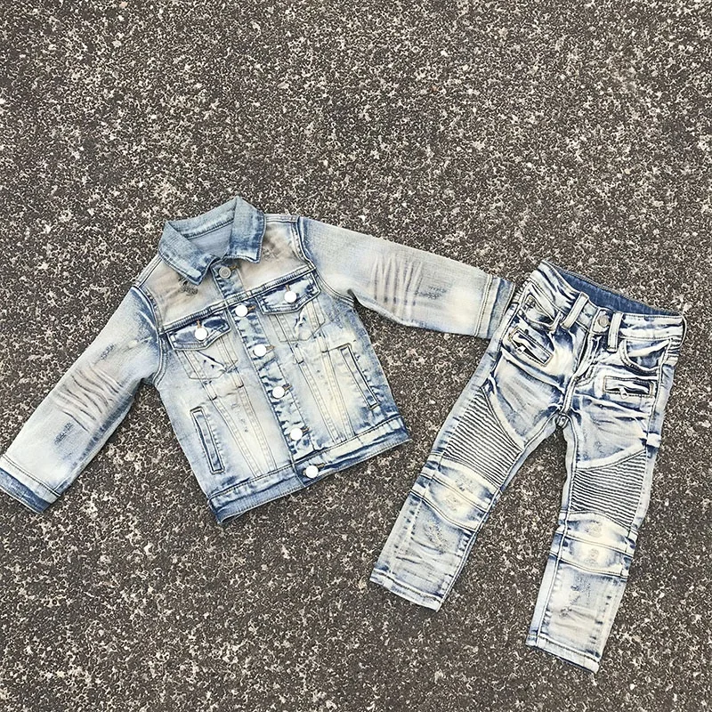 

Fashion Children biker toddler boys winter jacket with jeans ,denim boys set, Customers' requested