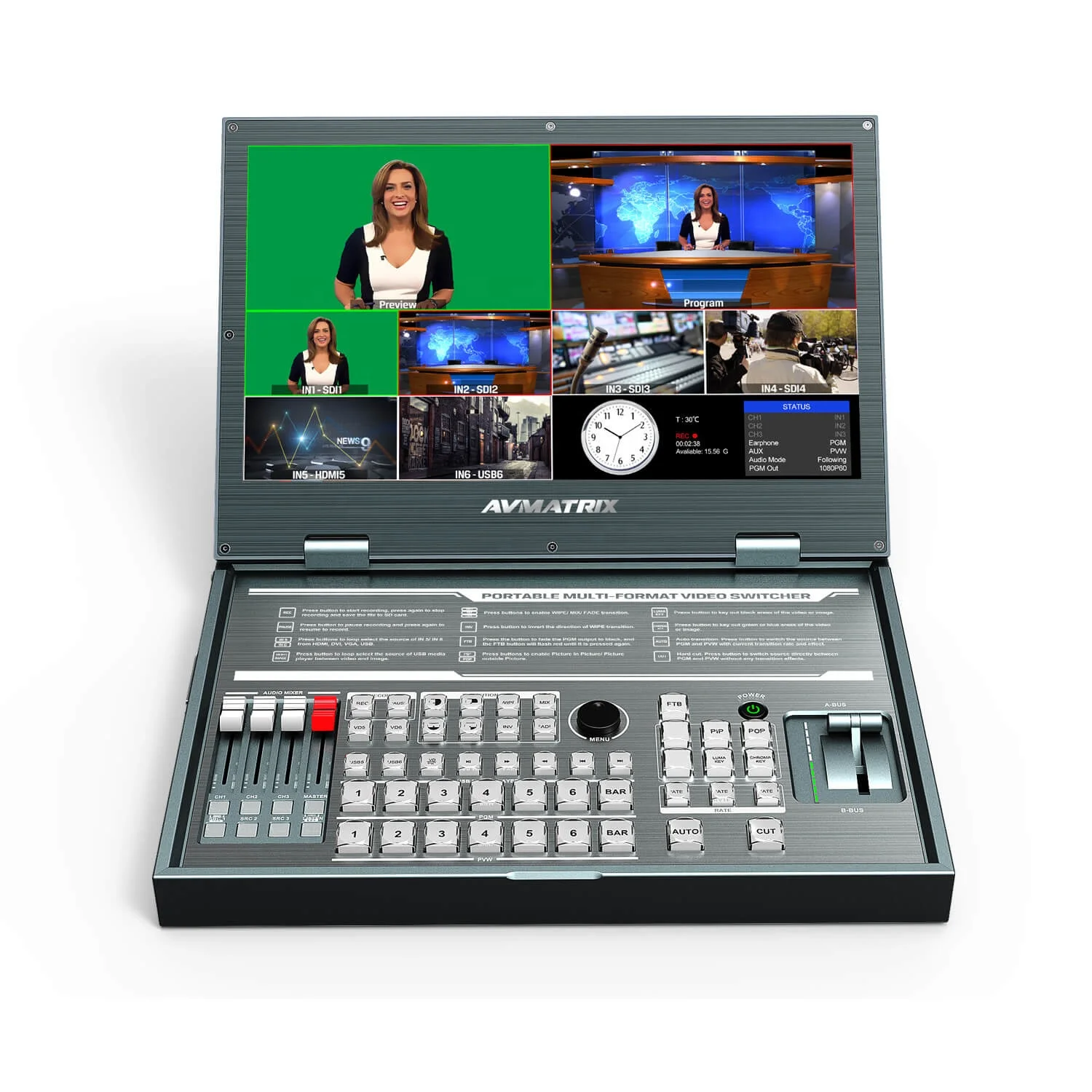 

Avmatrix Portable All-In-One design 6 Channel Multi-format SDI HDIMI Video Switcher Audio Mixer with 15.6 inch FHD LCD Display