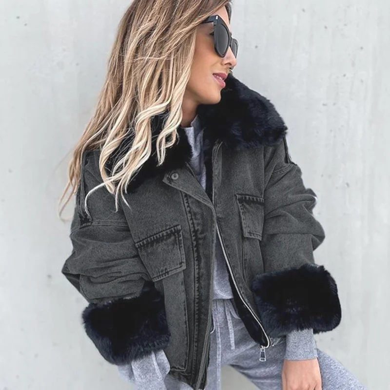 

Winter Faux Fox Fur Collar Denim Jackets Women Short Denim Coats Elegant Big Pockets Warm Jackets