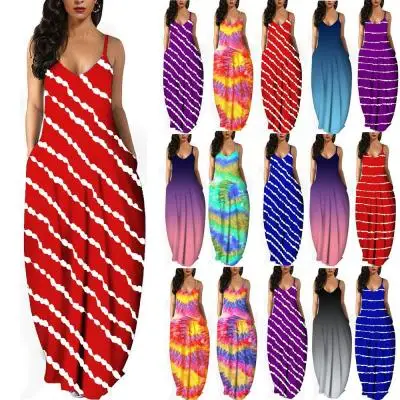

Summer Clothes For Women 2021 Loose Sleeveless V-neck Print Casual Dresses Striped Suspender Tie Dye Gradient Plus Size Dress, Tie-dye blue