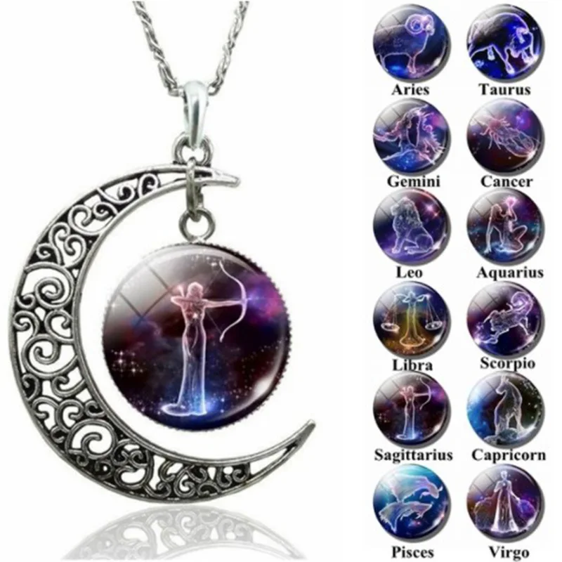 

Women Pendant Necklace Galaxy Zodiac Design 12 Zodiac Sign Horoscope Astrology Necklace For Women Men Glass Cabochon