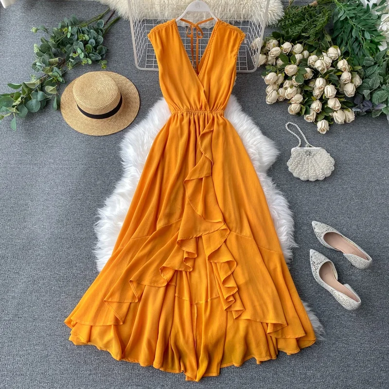

B62769A Women sexy ruffled open back v-neck yellow beach holiday style dress