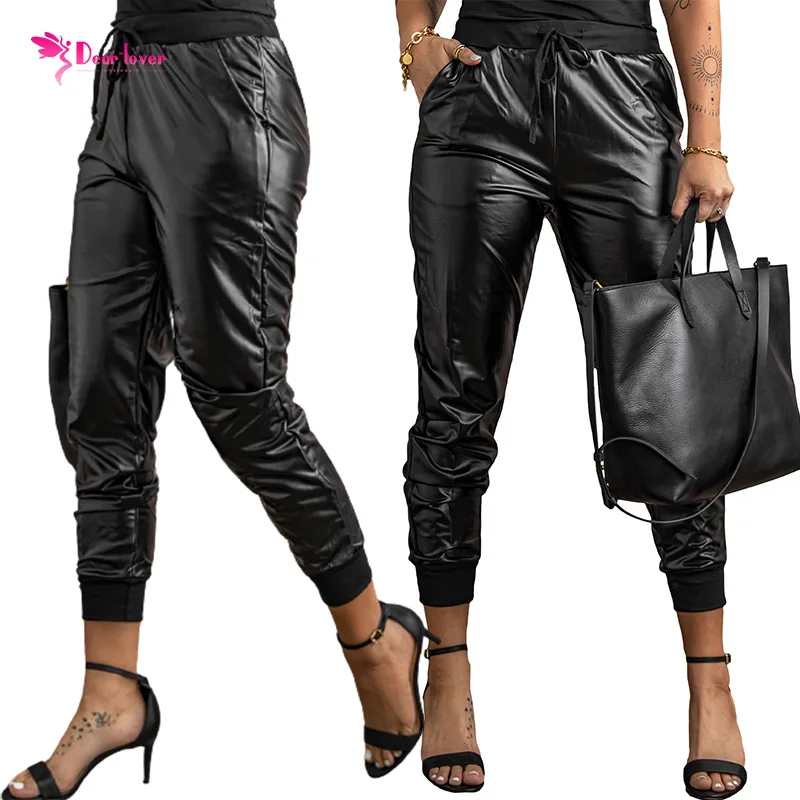 

Wholesale Women's Trousers Black Elastic Waist Drawstring Joggers Faux Leather Pants