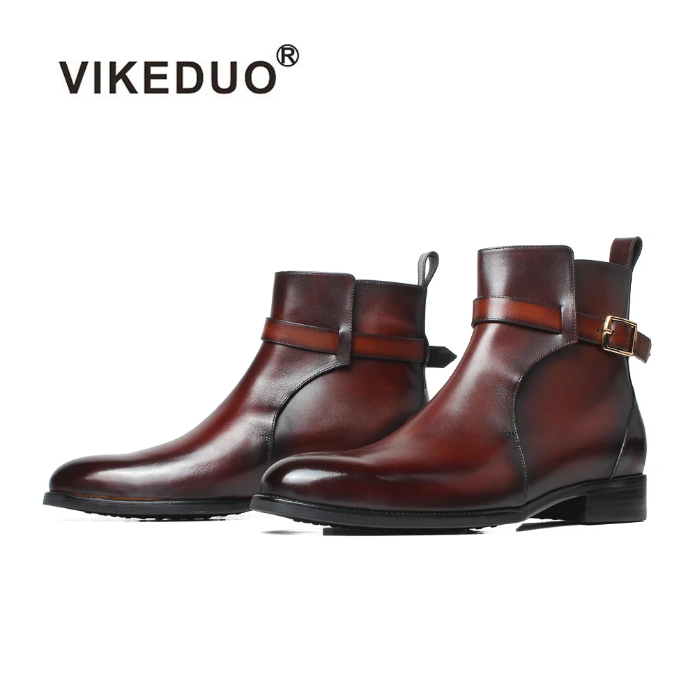 

Vikeduo Hand Made China Grain Leather Shoe Manufacturer Official Design Genuine Men's Shoes And Half Boots, Red brown