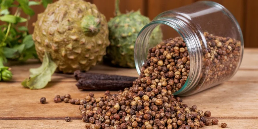 A close-up of black peppercorns