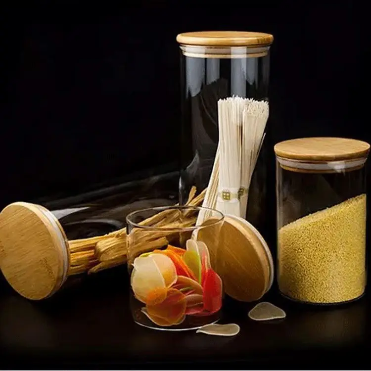 

Fashionable Recycled Wide Mouth Glass Jars Large Food Storage Glass Jar With Bamboo Lid, Clear