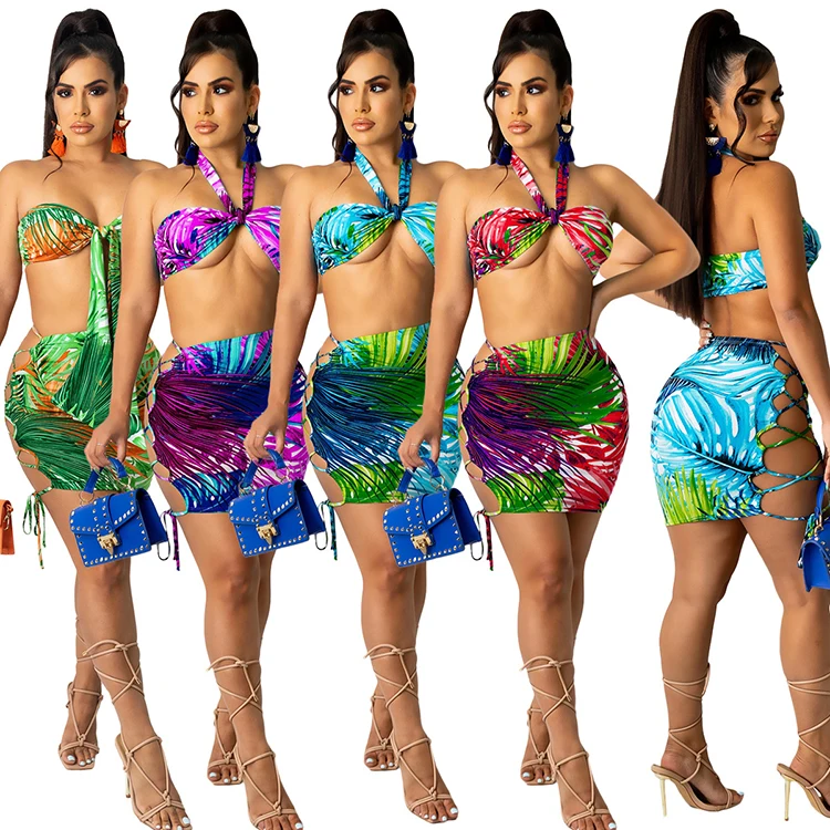 

AC8266 Short Skirt Sexy Club Wear For Women 2 Piece Set Women Summer Backless Crop Top