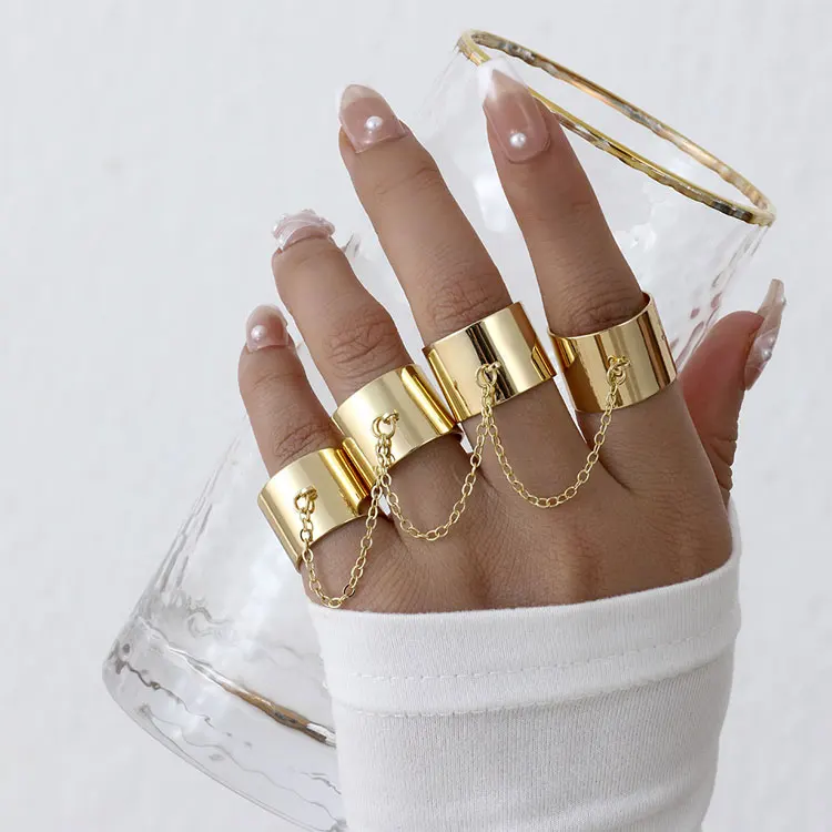 

SC Fashion Punk Multilayer Chain Rings DJ Hip Hop Gold Plated Adjustable Rotate Chunky Four Finger Rings Set for Women, Gold, silver