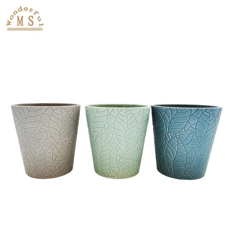 Hot Sale handmade home decor  ceramic orchid flower pot embossed relief texture pottery planter small size for garden flower