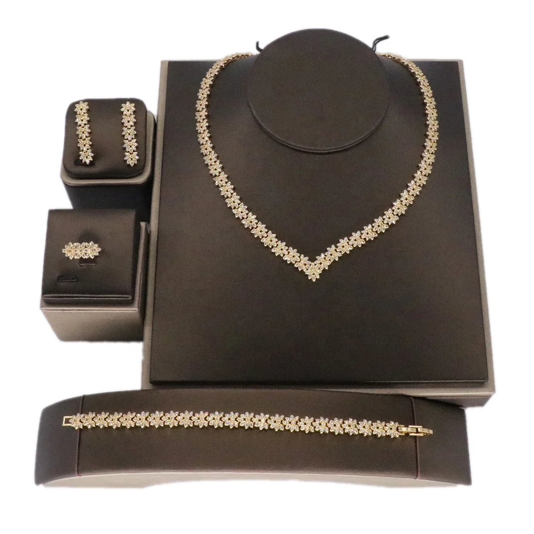 

Wholesale Zircon Necklace Bride Anniversary Jewelry Set Women Dubai Gold Plated Wedding Jewelry Sets