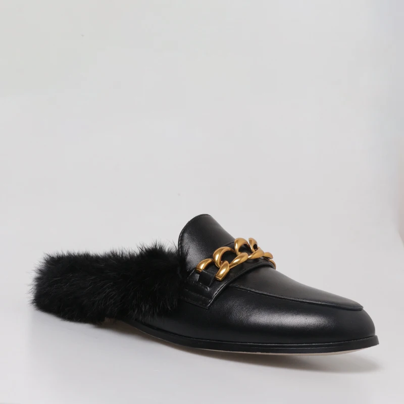 

WETKISS Factory Supply Wholesale Casual Flat Mules Shoes Women Mules Femmes Fur Mule Slippers with Chain, Black, or customized