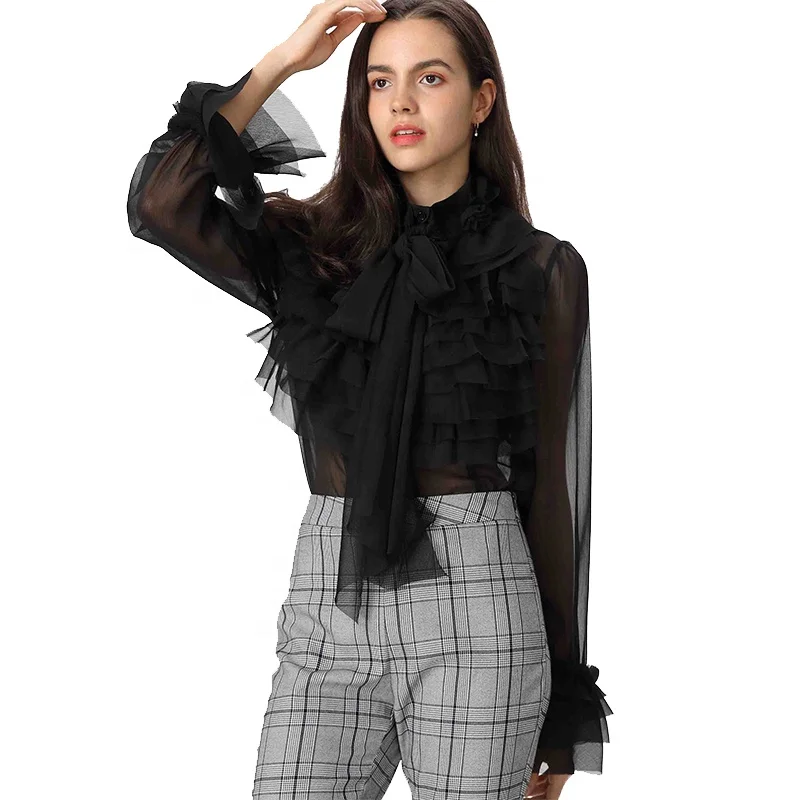 

New women's clothing wrapped See through Neck-Tie Black Tops Sheer Ruffle Blouse Long Sleeve casual elegant shirt For Women, Shown,or customized color,provide color swatches