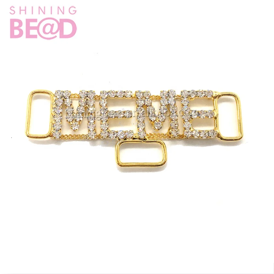 

Custom style MEME word letter connector chain rhinestone buckle gold for bikini swimsuit cloth garment
